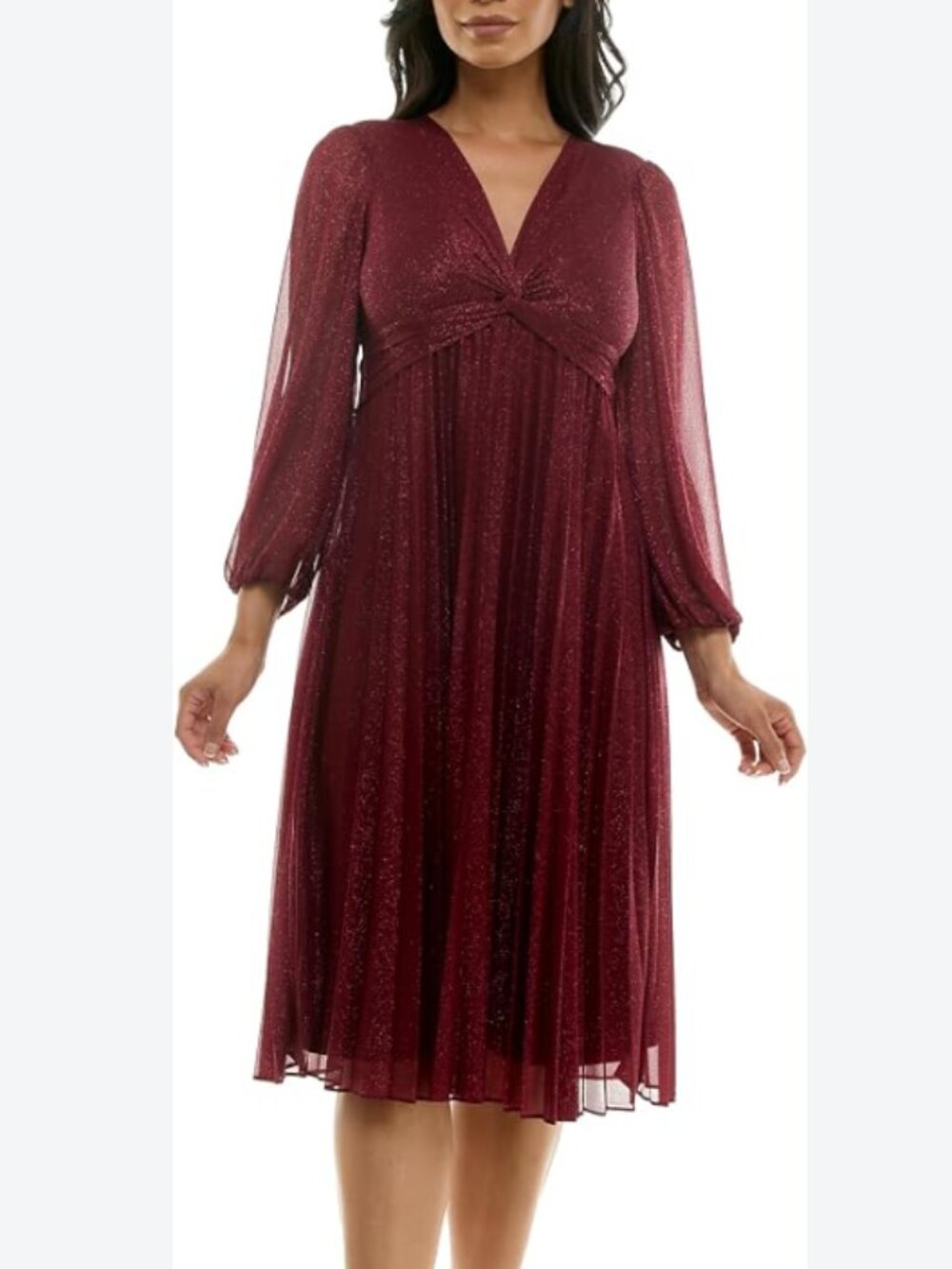 Maison Tara Burgundy Sparkle Pleated Mesh Glitter Disco Twist Bust Dress